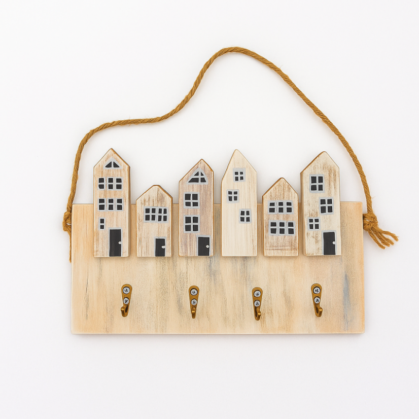 Dřevěný domečkový věšák na klíče