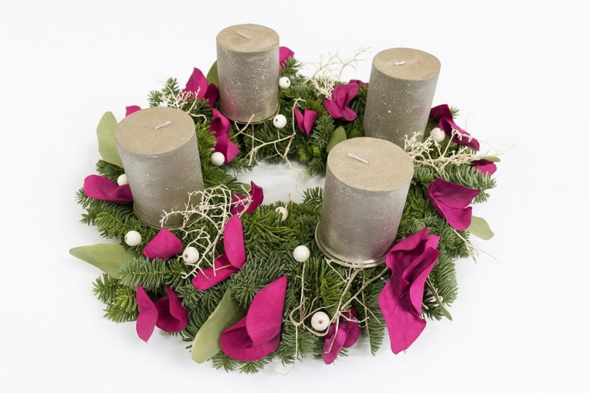 Adventní věnec Fuchsiová Elegance - Svíčky: Bez svíček