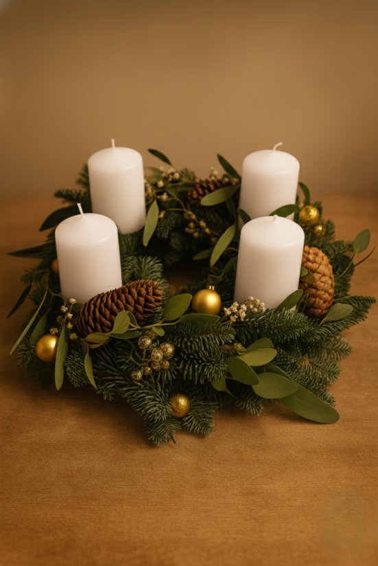 Luxusní adventní věnec s eukalyptem a zlatými baňkami