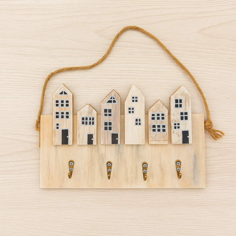 Dřevěný domečkový věšák na klíče