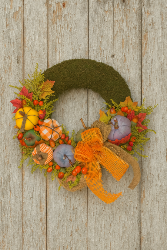Podzimní mechový věnec s látkovými dýněmi