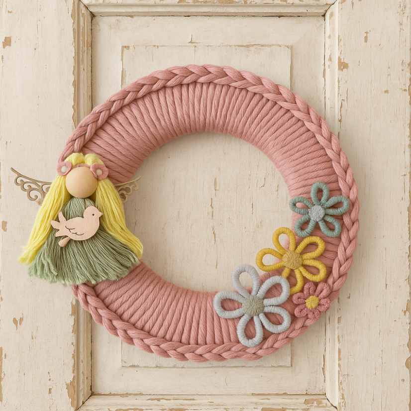 Věnec víla jara - pudrově růžový s ptáčkem