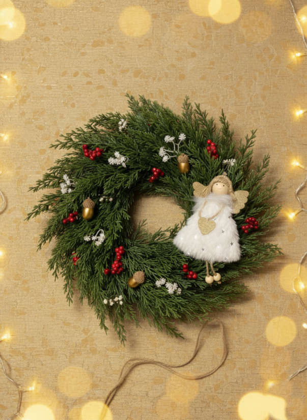 Vánoční věnec s andělkou a bobulemi