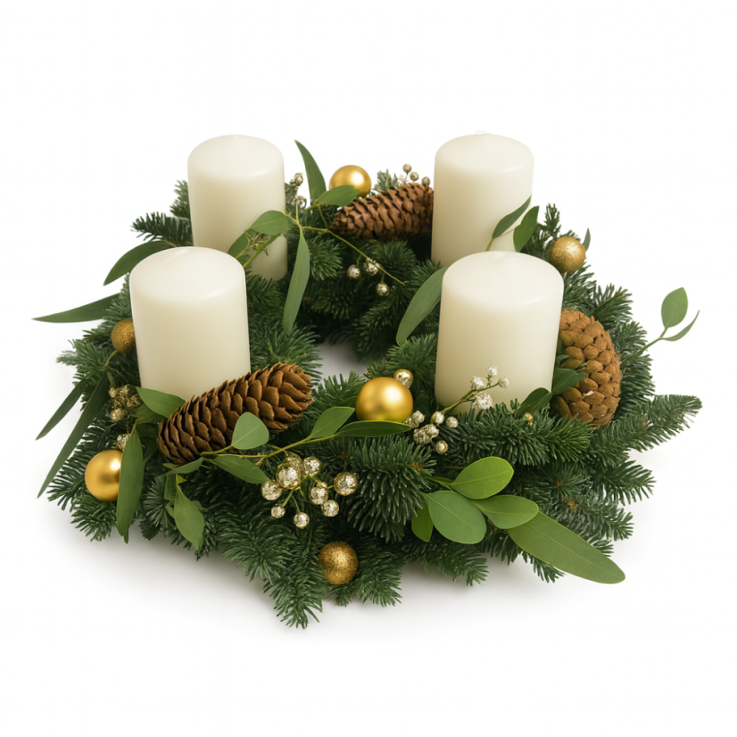 Luxusní adventní věnec s eukalyptem a zlatými baňkami