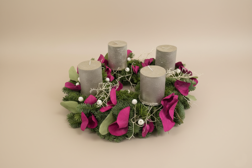 Adventní věnec Fuchsiová Elegance - Svíčky: Bez svíček